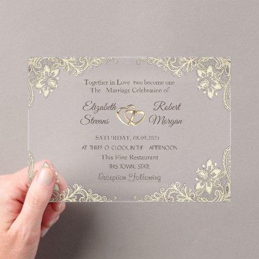 Elegant Chic Gold Hearts Wedding Acryl Uitnodigingen (Insitu (Draagbaar))