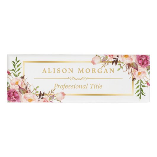 Elegant Chic Gold Lijst Girly Pink Floral Beauty Naambadge (Voorkant)