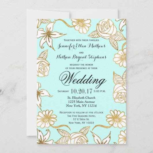 Élégant Chic Gold Mint Flowers Invitations de mari (Devant)