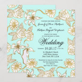 Élégant Chic Gold Mint Flowers Invitations de mari (Devant / Derrière)