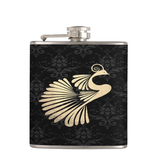 Elegant Chic Gold Peacock, Black Damask Heupfles (Voorkant)