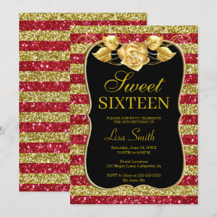 Elegant Chic Gold Red Glitter Roos Sweet 16 Kaart