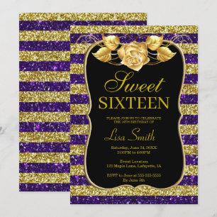 Elegant Chic Goud Paarse Glitter Roos Sweet 16 Kaart