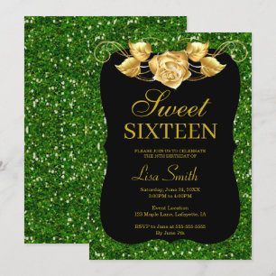 Elegant Chic Green Glitter Gold Roos Sweet 16 Kaart