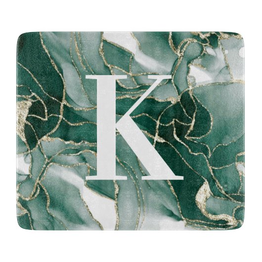 Elegant Chic Green Gold Marble Agate Monogram Snijplank (Voorkant)