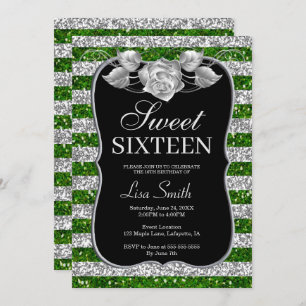 Elegant Chic Green Silver Glitter Roos Sweet 16 Kaart