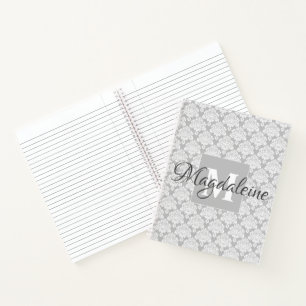 Elegant Chic Grijs & Wit Damast Patroon Spiraal Notitieboek
