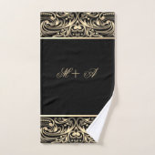 Élégant Chic Luxueux Tourbillons Noir Or Monogramm (Serviette à main)