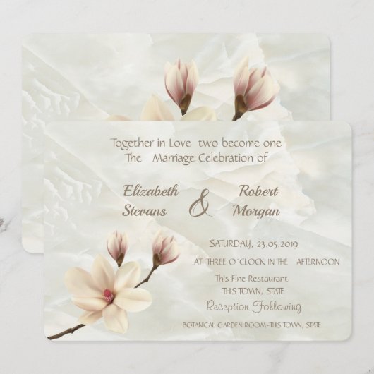 Elegant Chic Magnolia, Marble Wedding Invitation Kaart (Voorkant / Achterkant)