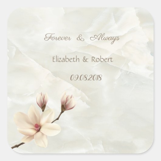 Elegant Chic Magnolia, marmer Wedding Vierkante Sticker (Voorkant)