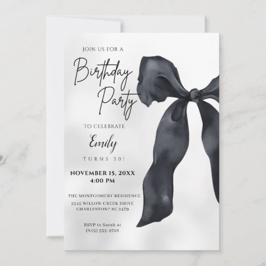 Elegant Chic Modern Black Bow Birthday Invitation (Devant)