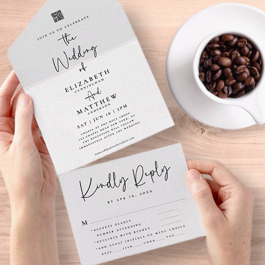 Elegant chic Modern Simple QR Meal Option Weddensc All In One Uitnodiging