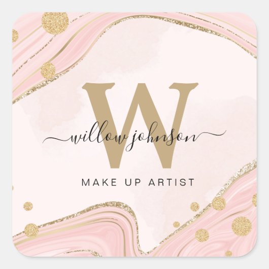 Elegant Chic Monogram roze Glitter Marmer Vierkante Sticker (Voorkant)