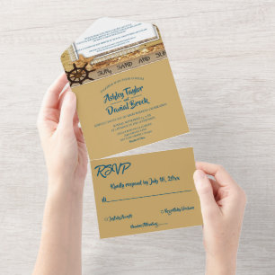 Elegant Chic Navy Coastal Seaside Modern Wedding All In One Uitnodiging