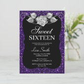 Elegant Chic Paarse Glitter Zilver Roos Sweet 16 Kaart (Staand voorkant)