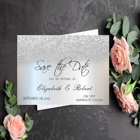Élégant Chic Pailleté Argent Bokeh Save The Date