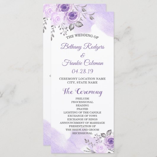 Élégant Chic Pastel Purple Fleurs Programme de Mar (Devant / Derrière)