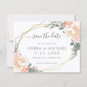Elegant Chic Peach Cream Gold Floral Save the Date Kaart