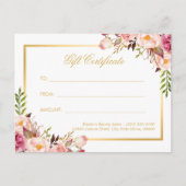 Elegant Chic Pink Floral Gold Gift Certificate Briefkaart (Voorkant)