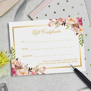 Elegant Chic Pink Floral Gold Gift Certificate Briefkaart
