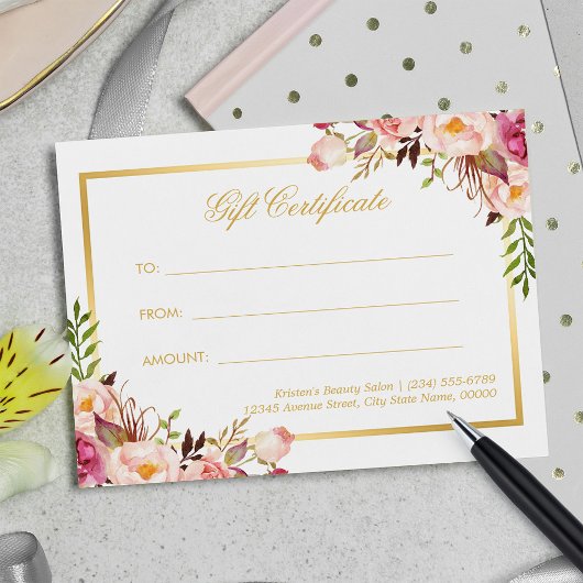 Elegant Chic Pink Floral Gold Gift Certificate Briefkaart