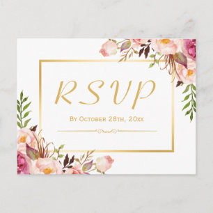 Elegant Chic Pink Floral Gold Lijst Wedding RSVP Uitnodiging Briefkaart