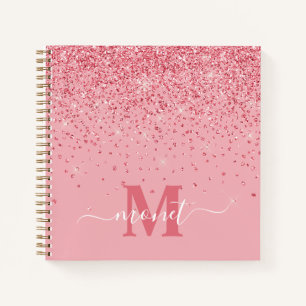 Elegant Chic Pink Glitter Glam Monogram Naam Notitieboek