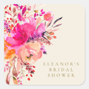 Elegant Chic Pink Waterverf Floral Shower Cream Vierkante Sticker