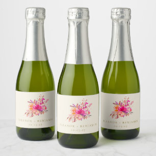 Elegant Chic Pink Waterverf Floral Wedding Custom Sparkling Wijnetiket