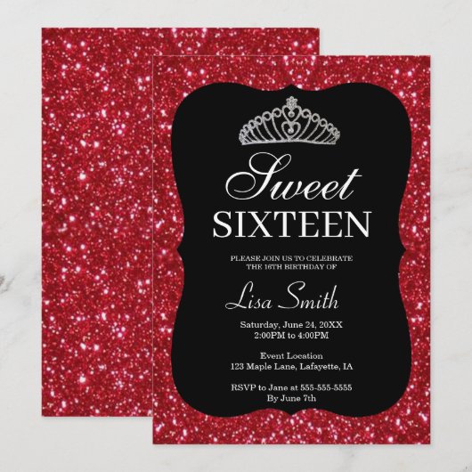 Elegant Chic Red Glitter Tiara Sweet 16 Kaart (Voorkant / Achterkant)