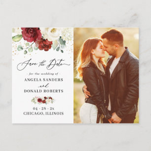 Elegant Chic Red White Foto slaat de datum op Briefkaart