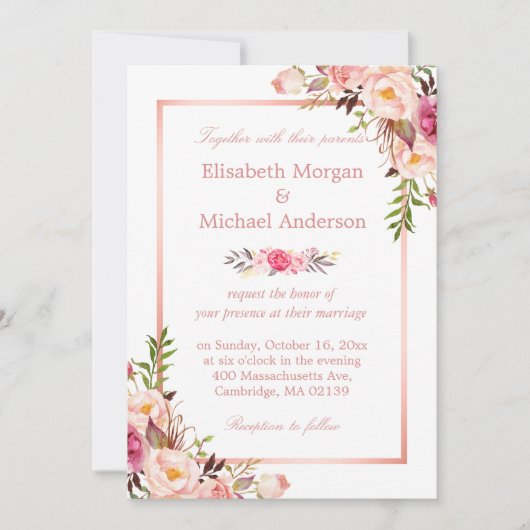 Elegant Chic Roos Gold Floral Wedding Invitation Kaart (Voorkant)