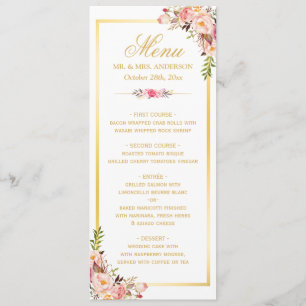 Elégant Chic Rose Floral Gold Frame Menu Mariage