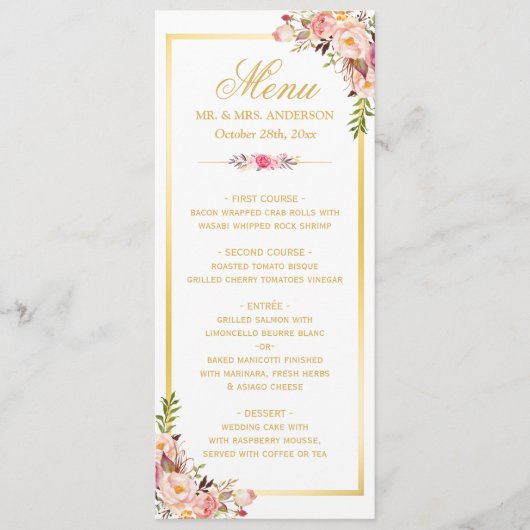Elégant Chic Rose Floral Gold Frame Menu Mariage (Devant)