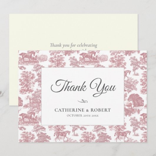 Elegant  Chic Roze Paard Toile Bruiloft Bedankkaart (Voorkant / Achterkant)