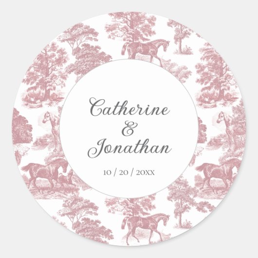 Elegant Chic Roze Paard Toile Bruiloft Ronde Sticker (Voorkant)