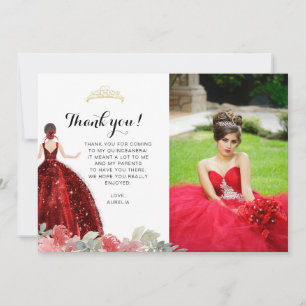 Elegant Chic Ruby Red Floral Geometric Quinceañera Bedankkaart