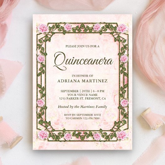 Elegant Chic  Rustic Roses Quinceanera Kaart