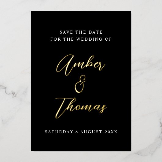 Elegant Chic Script Save the Date Black & Gold Folie Uitnodiging (Voorkant)