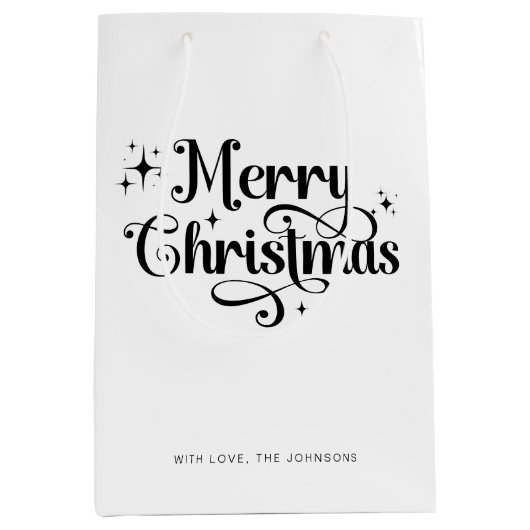 Elegant Chic Script Zwart & Wit Vrolijk Kerstfeest Medium Cadeauzakje (Voorkant)
