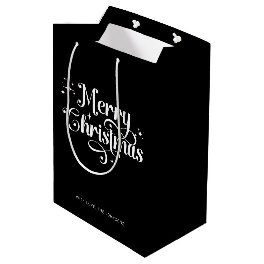 Elegant Chic Script Zwart & Wit Vrolijk Kerstfeest Medium Cadeauzakje (Achterkant Gekanteld)