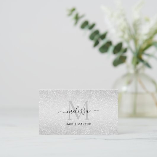 Elegant Chic Silver Glitter Monogram Visitekaartje (Staand voorkant)