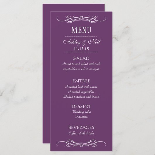 Élégant Chic Violet Mariage Menu Carte rack (Devant / Derrière)