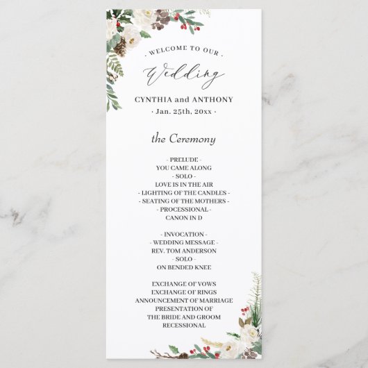 Elegant Chic Winter Floral Holly Berries Wedding Programma (Voorkant)