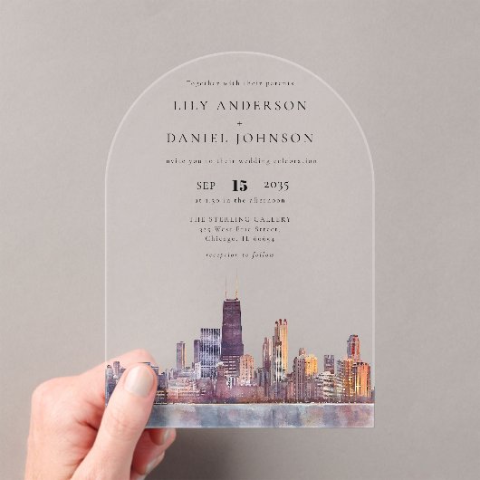 Elegant Chicago Skyline Watercolor Wedding Arch Acryl Uitnodigingen (Insitu (Draagbaar))