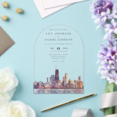 Elegant Chicago Skyline Watercolor Wedding Arch Acryl Uitnodigingen (Insitu (Huwelijk))