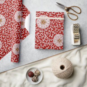 Elegant Chinees Rood Goud Bloemenpatroon Cadeaupapier