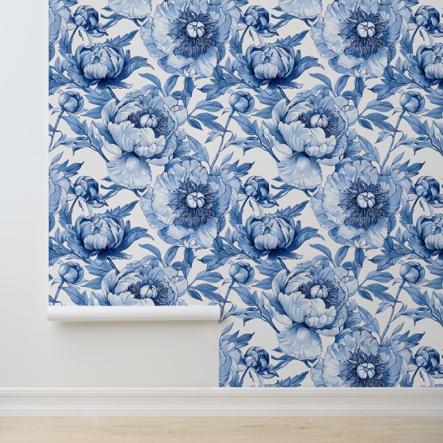 Elegant  Chinoiserie Blue and White Floral Pattern Behang (Applicatie)