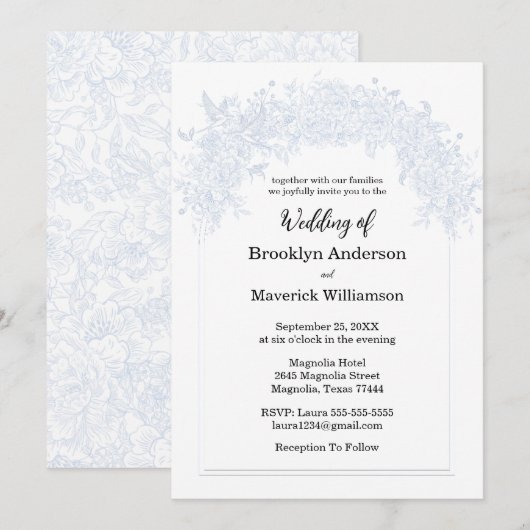 Elegant Chinoiserie Blue Floral Wedding Invitation (Devant / Derrière)