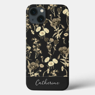 Elegant Chique Beige Wildflower Naam op Zwart iPhone 13 Hoesje